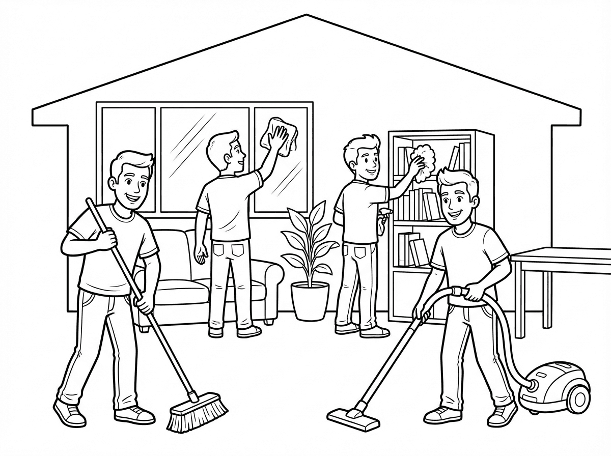 צייר לי 4 בחורים מנקים בית