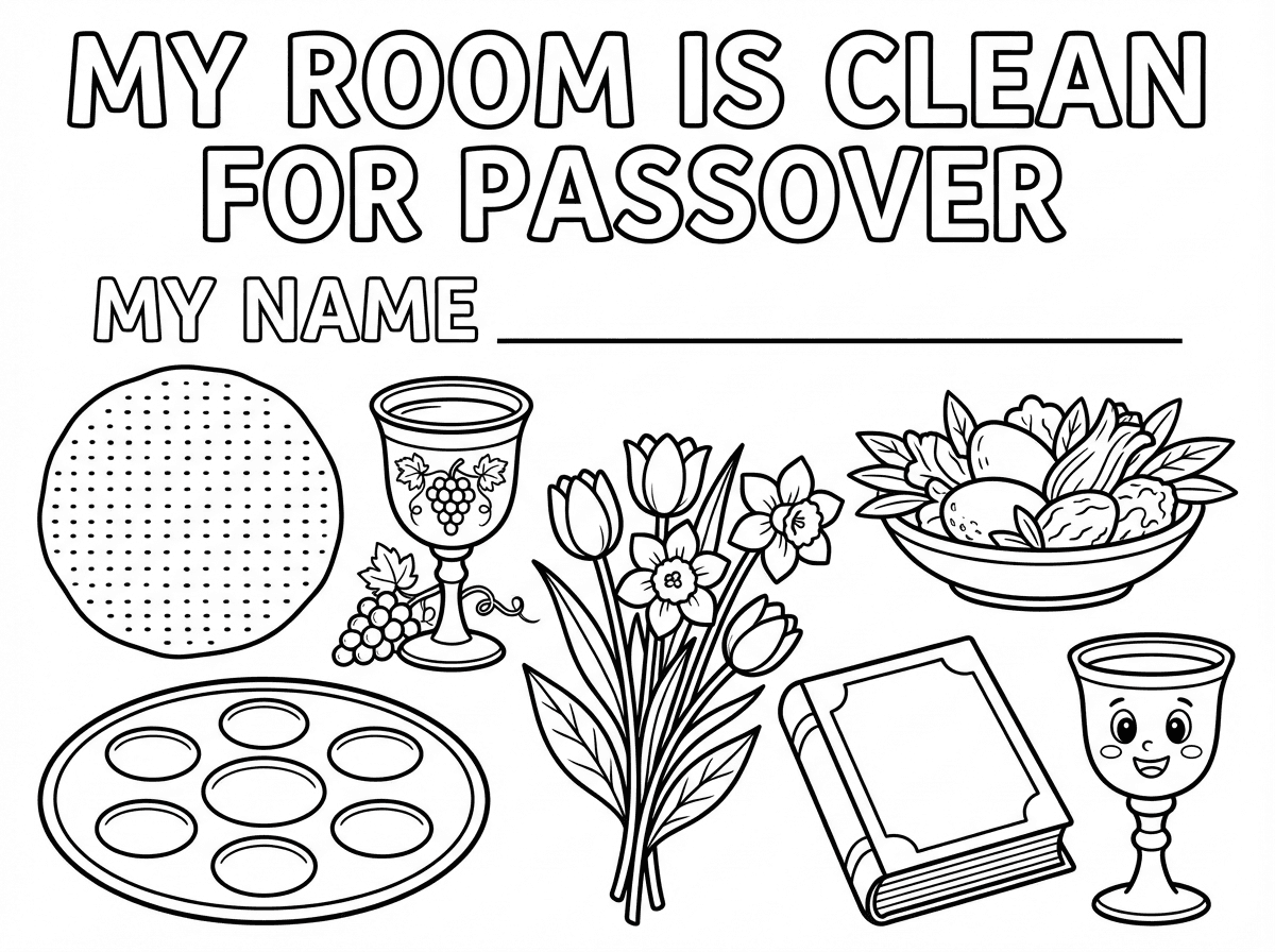 תעשה לי דף צביעה שכתוב בו בגדול: My room is clean for Passover

ואז למטה יותר כתוב: My name וקו לכתיבת השם.
בשאר המקום בדף קשט אותו יפה בציורים הקשורים לחג הפסח- מצות, יין, פרחים וכו