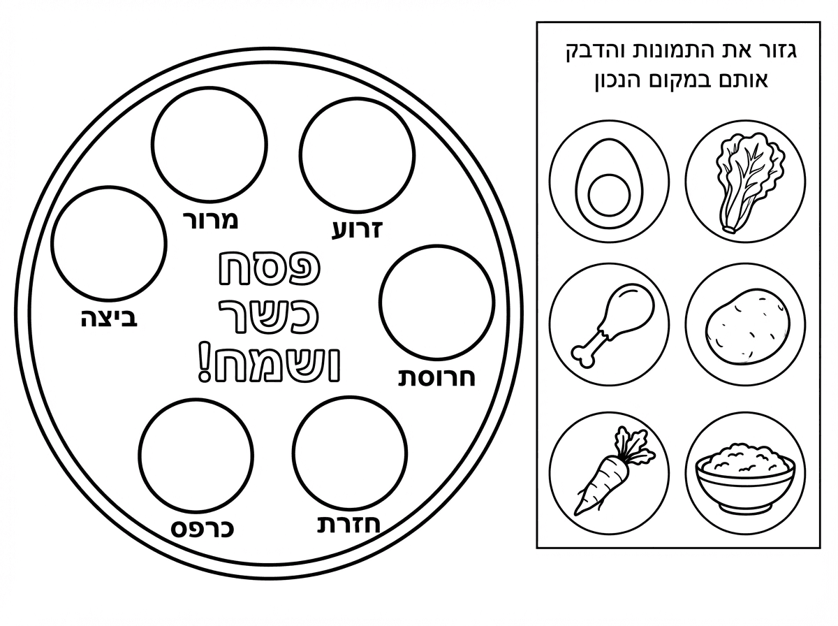 שלום.
אני רוצה שתכין דף ובו ציור של קערת ליל הסדר.

בתוך הקערה יהיו 6 עיגולים. מתחת לכל עיגול כיתוב שונה 
תתחיל מצד ימין לכוון השעון:
זרוע
חרוסת
חזרת
כרפס
ביצה
מרור
באמצע יהיה כיתוב:
פסח כשר ושמח!

בצד הדף תכתוב משימה:
גזור  את התמונות והדבק אותם במקום הנכון
יהיו עוד 6 תמונות בגודל העיגולים  שיצרת.
תצייר על העיגולים:
1. ביצה
2. חסה
3. תפוח אדמה/ בצל
4. גרון של עוף
5. חזרת
6. חרוסת