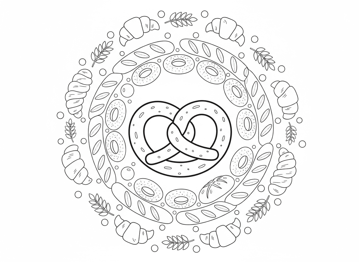 מנדלת בייגלה ולחם - מנדלת מאפייה עם בייגלה במרכז, מוקפת בטבעות קרואסונים, בייגלים, באגטים, לחמניות, צמות חלה, אלומות חיטה בין טבעות, נקודות אבק קמח, תחושת חום תנור