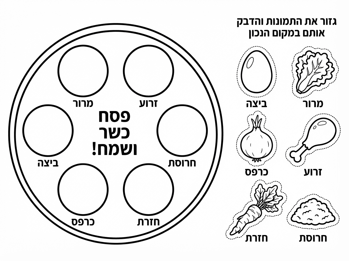 שלום.
אני רוצה שתכין דף ובו ציור של קערת ליל הסדר.

בתוך הקערה יהיו 6 עיגולים. מתחת לכל עיגול כיתוב שונה 
תתחיל מצד ימין לכוון השעון:
זרוע
חרוסת
חזרת
כרפס
ביצה
מרור
באמצע יהיה כיתוב:
פסח כשר ושמח!

בצד הדף תכתוב משימה:
גזור  את התמונות והדבק אותם במקום הנכון
יהיו עוד 6 תמונות בגודל העיגולים  שיצרת.
תצייר על העיגולים:
1. ביצה
2. חסה
3. תפוח אדמה/ בצל
4. גרון של עוף
5. חזרת
6. חרוסת