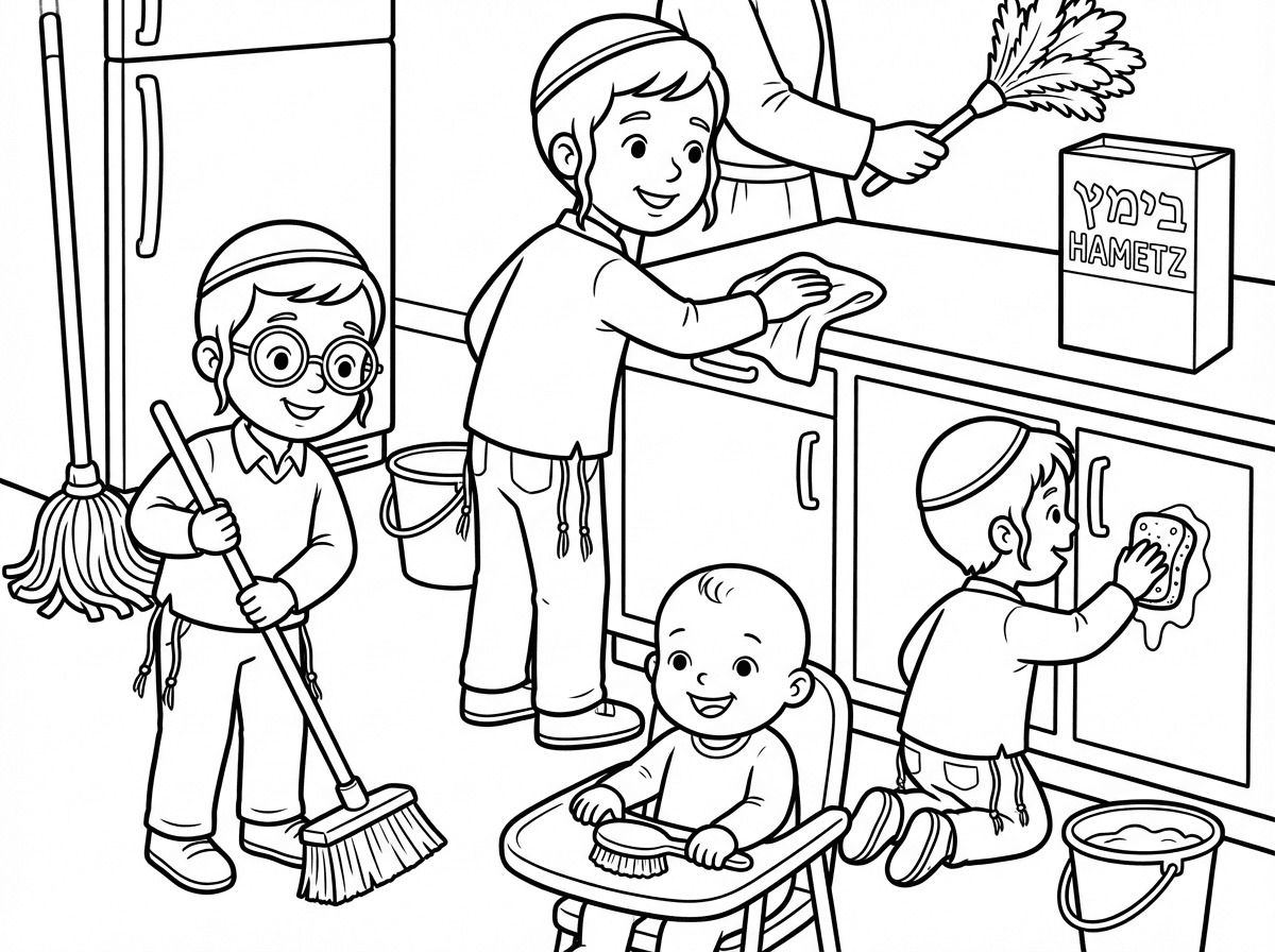 אני רוצה דף צביעה למשפחה עם 4 בנים (בן 7, בן 5 עם משקפיים עגולים, בן 3- שלושתם עם כיפה וציצית, ועוד תינוק קירח וחייכן) כולם מנקים במרץ את הבית לפסח