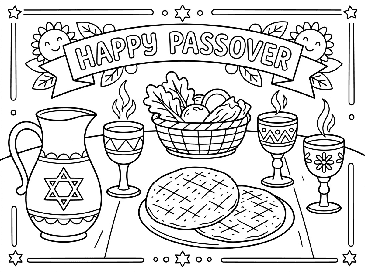 אפשר דף צביעה על חג הפסח היהודי שיש בו 4 כוסות יין ומצות עגולות