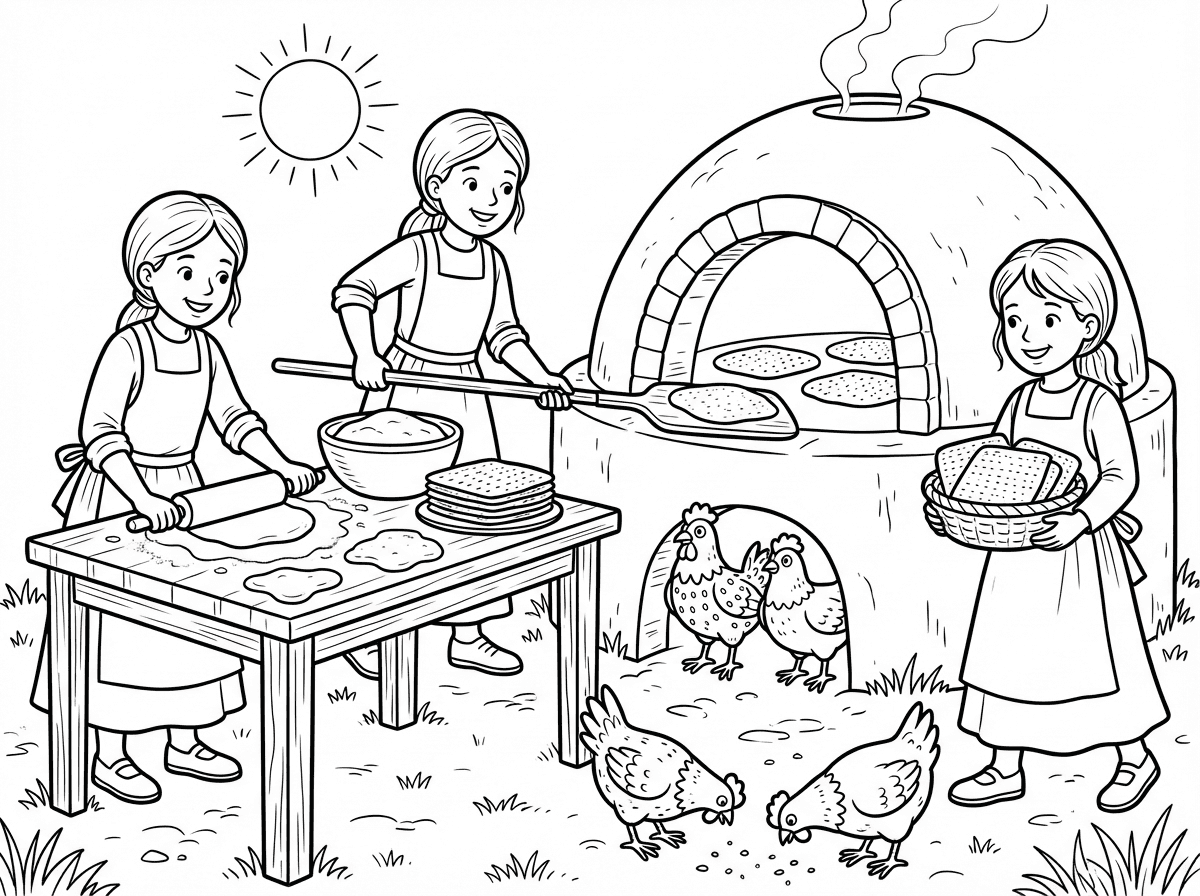 צריכה תמונה של אפיית מצות  עם ילדות עם שרוולים ארוכים וסינרים וחצאית ארוכה עופות בטבון מצות בשמחה