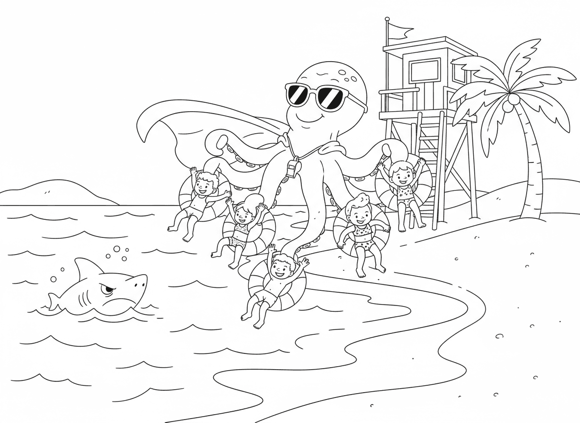 תמנון גיבור על מציל חיים - תמנון גיבור על מציל בחוף מציל שחיינים רבים בבת אחת עם שמונה זרועות, משרוקית מציל, גלימה אדומה, משקפי שמש, מצוף הצלה על כל זרוע, כריש רשע שוחה משם, מגדל חוף