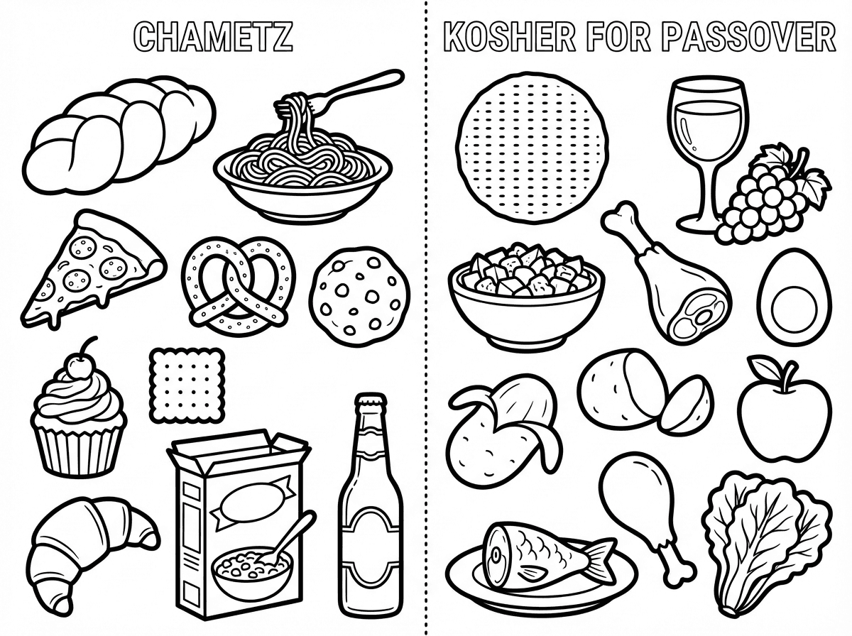 תוכל בבקשה ליצור לי עשרה פריטים צבעוניים ויפים שהם חמץ ועשרה פרטים יפים וצבעוניים שהם כשרים לפסח, אבל תקפיד שהמצות יהיו עגולות