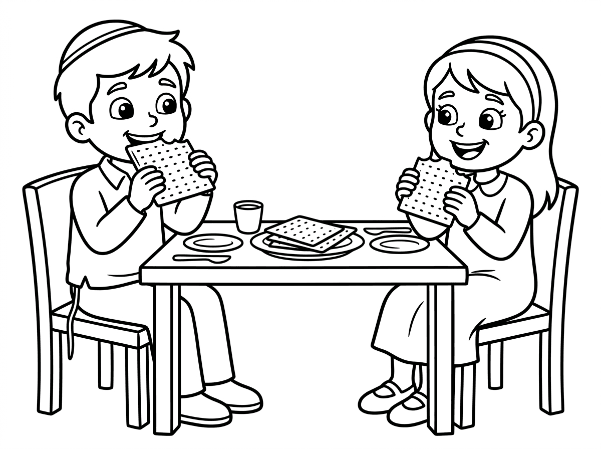 תיצור לי דף צביעה של ילד וילדה אוכלים מצה