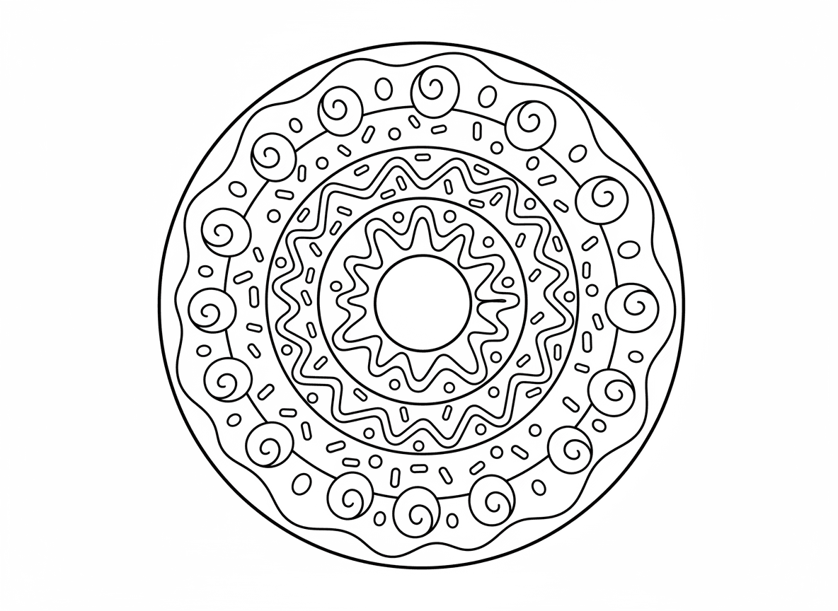 מנדלת סופגנייה - מנדלה מתוקה בצורת סופגנייה ענקית מלמעלה, חור סופגנייה במרכז, טבעות ציפויים ותוספות שונות, סוכריות צבעוניות, טפטופי שוקולד, אבקת סוכר, מערבולות ציפוי, גבול מאפה