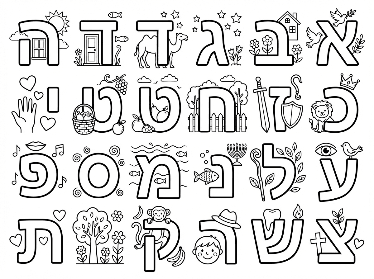 דף צביעה עם כל האותיות בעברית עם קישוטים