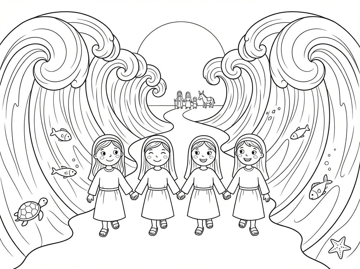 תוכל ליצור לי ילדות בגיל 5 עוברות ביציאת מצריים כשהמים נפתחו לשתיים