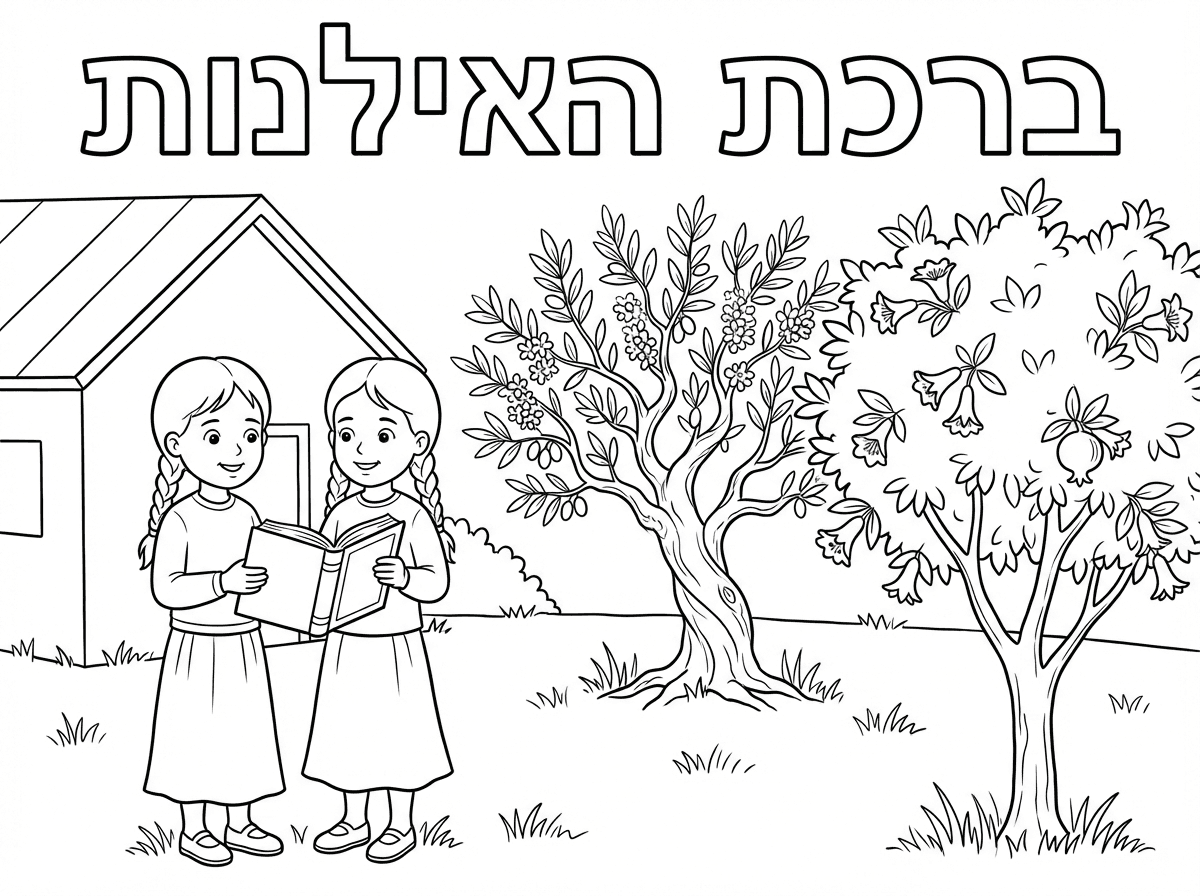 עכשיו שתי ילדות קטנות
חולצה מה  מכסה את המרפק 
חצאית ארוכה שמכסה את הברך 
שיער בלי כיפה ובלי מטפחת
מחזיקות סידור ביד
כותרת
ברכת האילנות 

עומדות בגינה על דשא ליד בית
יש שני עצים בפריחה בלי פירות
עצים שונים אחד עץ זית אחד עץ רימון