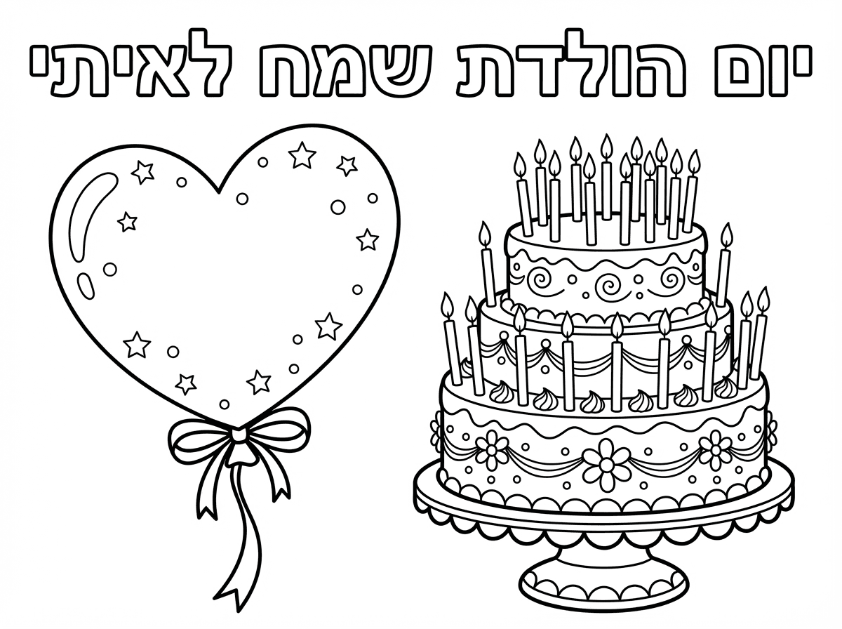 תכין לי בבקשה דף צביעה ליום הולדת, שיהיה מצוייר בלון בצורת לב ועוגה עם 19 נרות ושיהיה כתוב: יום הולדת שמח לאיתי