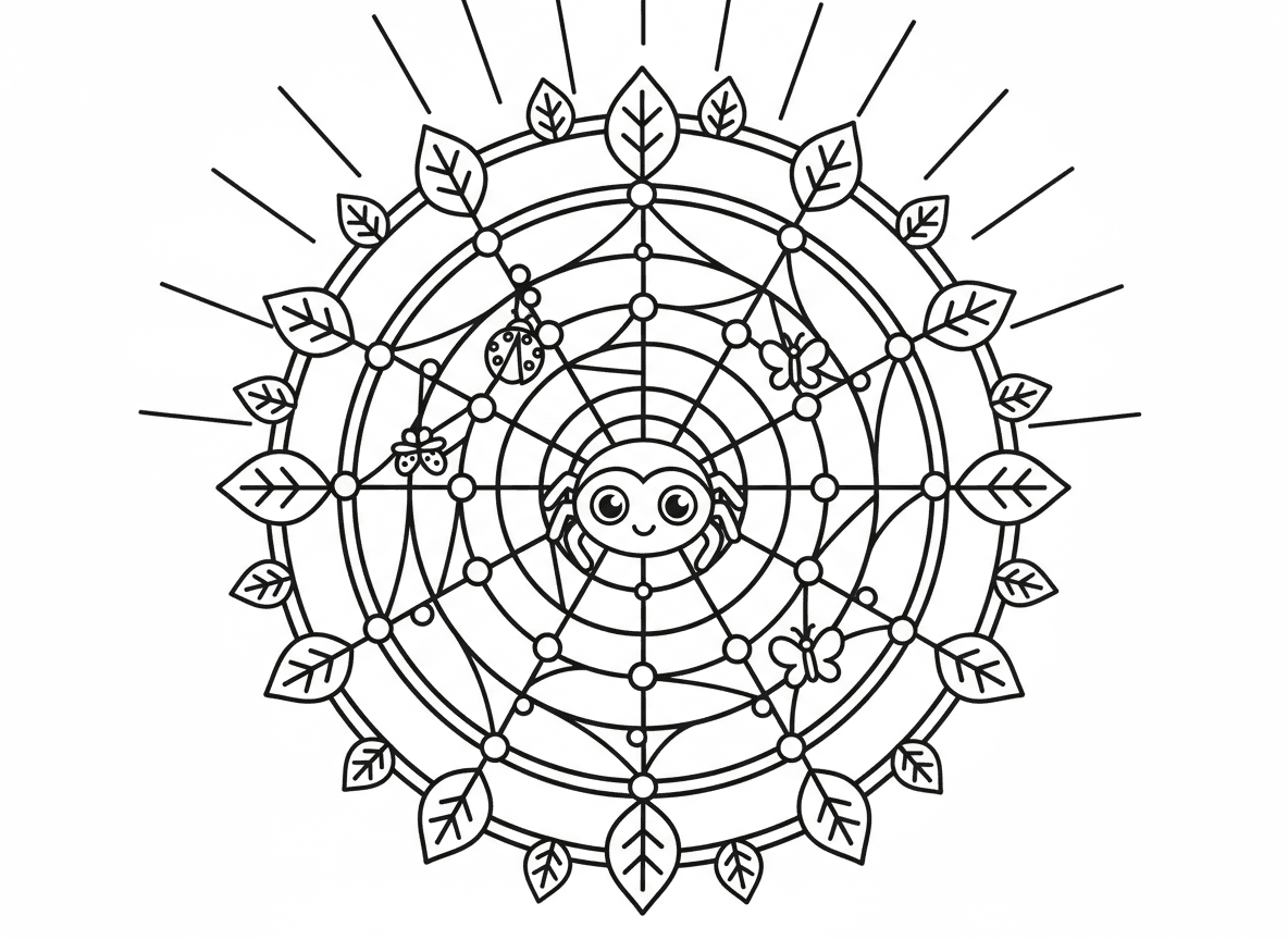 מנדלת קורי עכביש - מנדלת קורי עכביש מורכבת, עכביש זעיר במרכז, קורים מקרינים החוצה בדוגמה גאומטרית, טיפות טל על חוטי הקור, חרקים קטנים לכודים בקור, עלים בשוליים, קרני אור בוקר