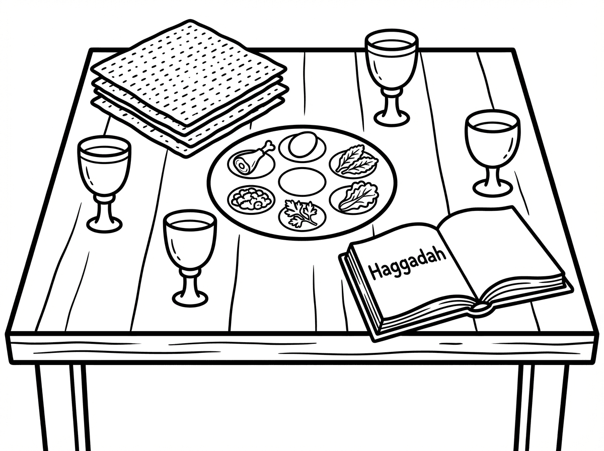 דף צביעה של פסח עם מצה 4 כוסות קערת ליל הסדר והגדה