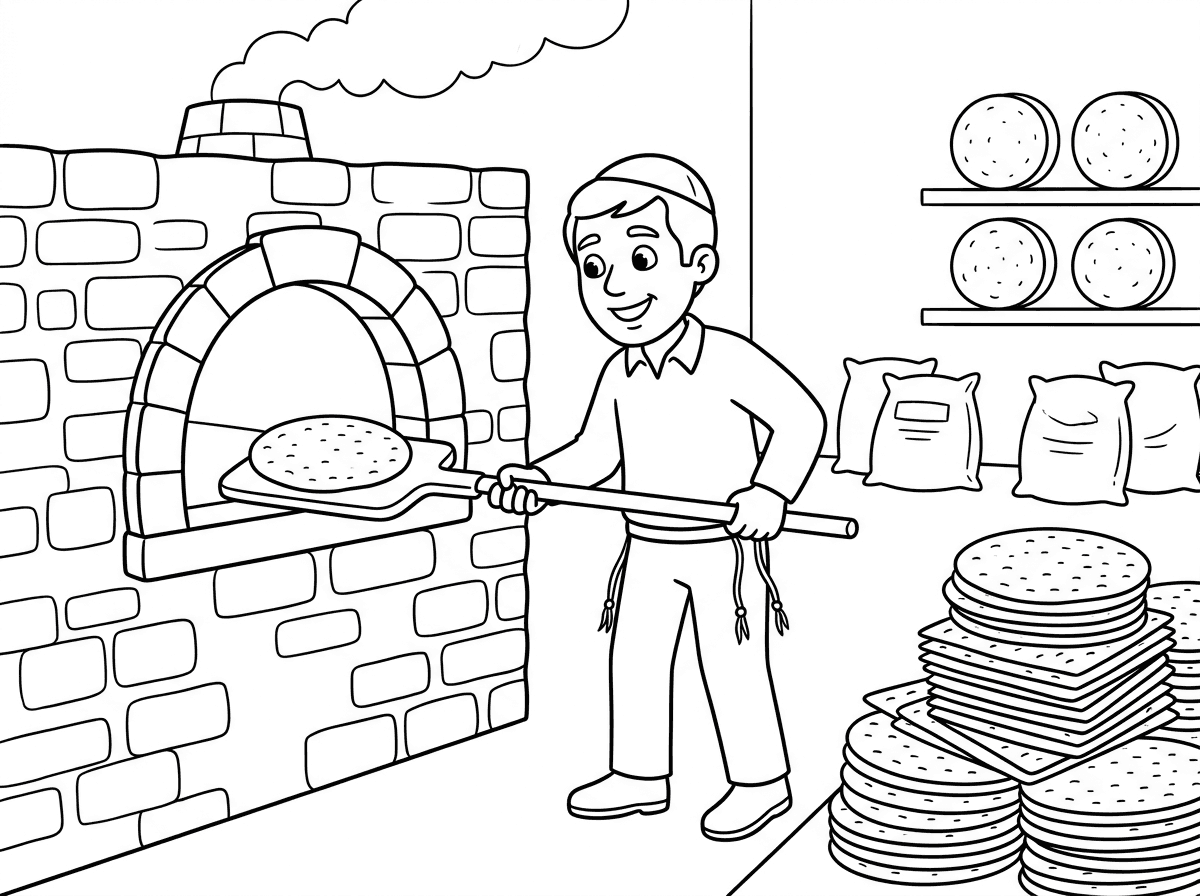 אפשר שתכין לי דף צביעה של מאפיית מצות?
צריך שיהיה איש עם כיפה וציצית מוציא מצה מתוך תנור מצות ויש בצד ערימה של מצות מוכנות