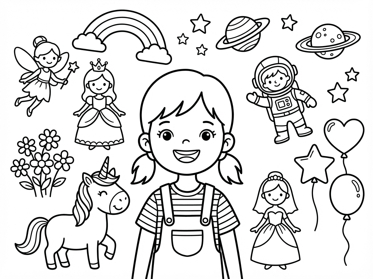 תכין בבקשה דף צביעה של ילדה בת 5 ומסביבה ציורים קטנים- לבבות, חד קרן, נסיכה, קשת בענן, פייה, פרחים, כוכבים, כוכבי לכת, אסטרונאוט, כלה, בלונים בצורות