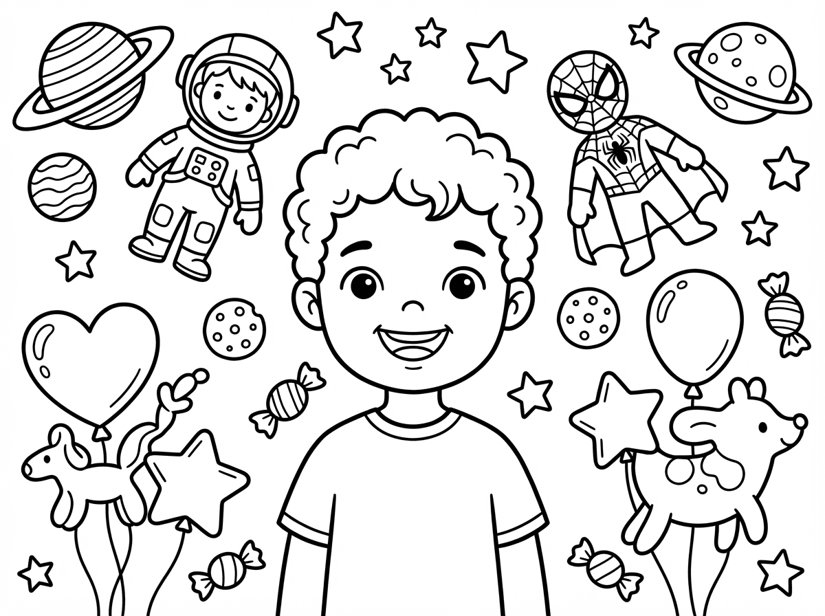עכשיו תייצר דף צביעה של ילד בן 3 עם תלתלים ומסביבו ציורים: כוכבי לכת, אסטרונאוט, כוכבים, גיבור על עם עכביש על החזה, עוגיות, ממתקים, בלונים בצורות