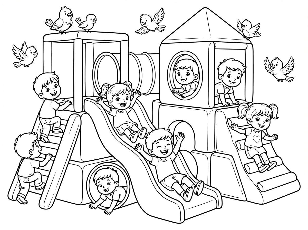 אני רוצה תמונה של ילדים בתוך ג'ונו פארק ענק ענק עם מגלשות ו וציפורים.