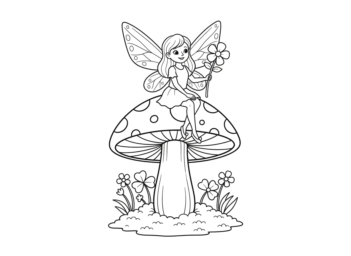 פייה יושבת על פטרייה - פייה חמודה עם כנפיים נוצצות יושבת על פטרייה גדולה אדומה עם נקודות לבנות, מחזיקה שרביט פרחים, נעליים זעירות, רצפת יער עם טחב ופרחים זעירים