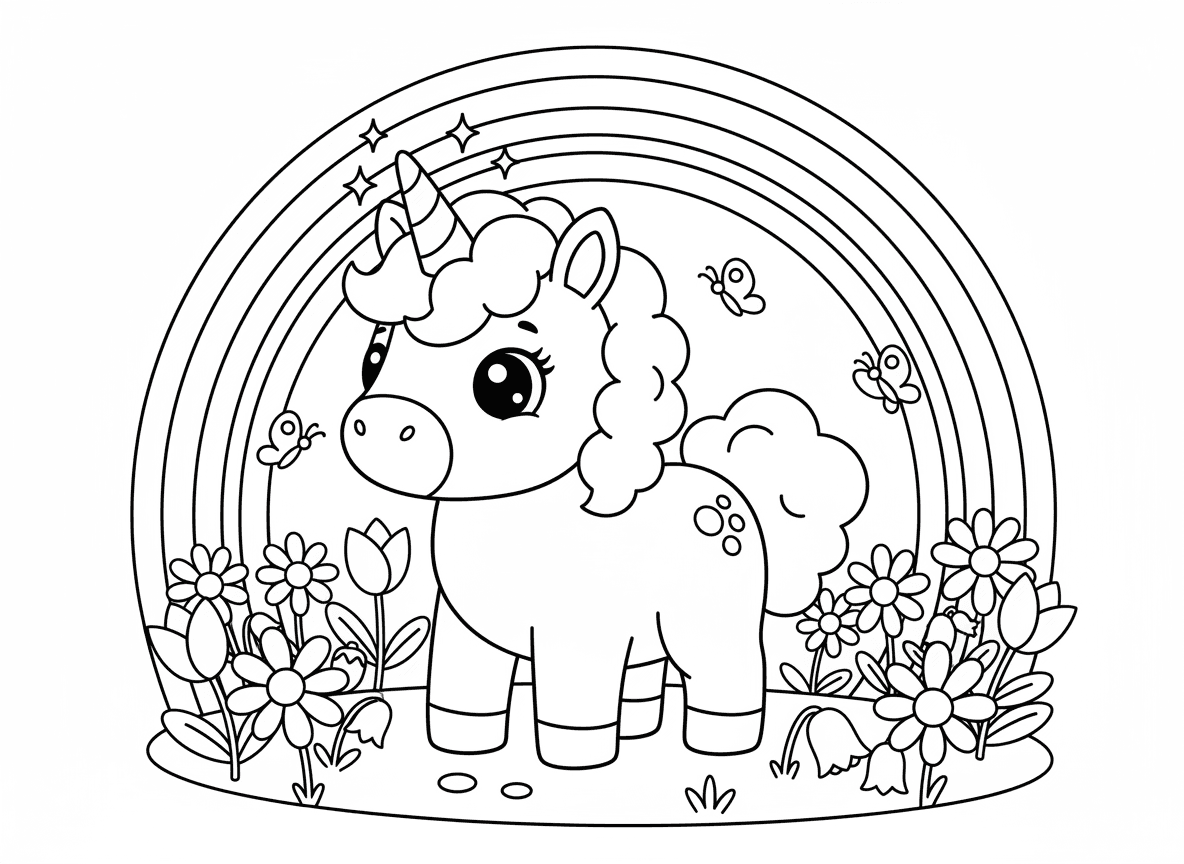 חד קרן תינוק בשדה פרחים - חד קרן תינוק מקסים עומד בשדה חינניות וצבעונים, קרן נוצצת, רעמה פלאפית, עיניים עגולות גדולות, פרפרים סביב, קשת בענן ברקע