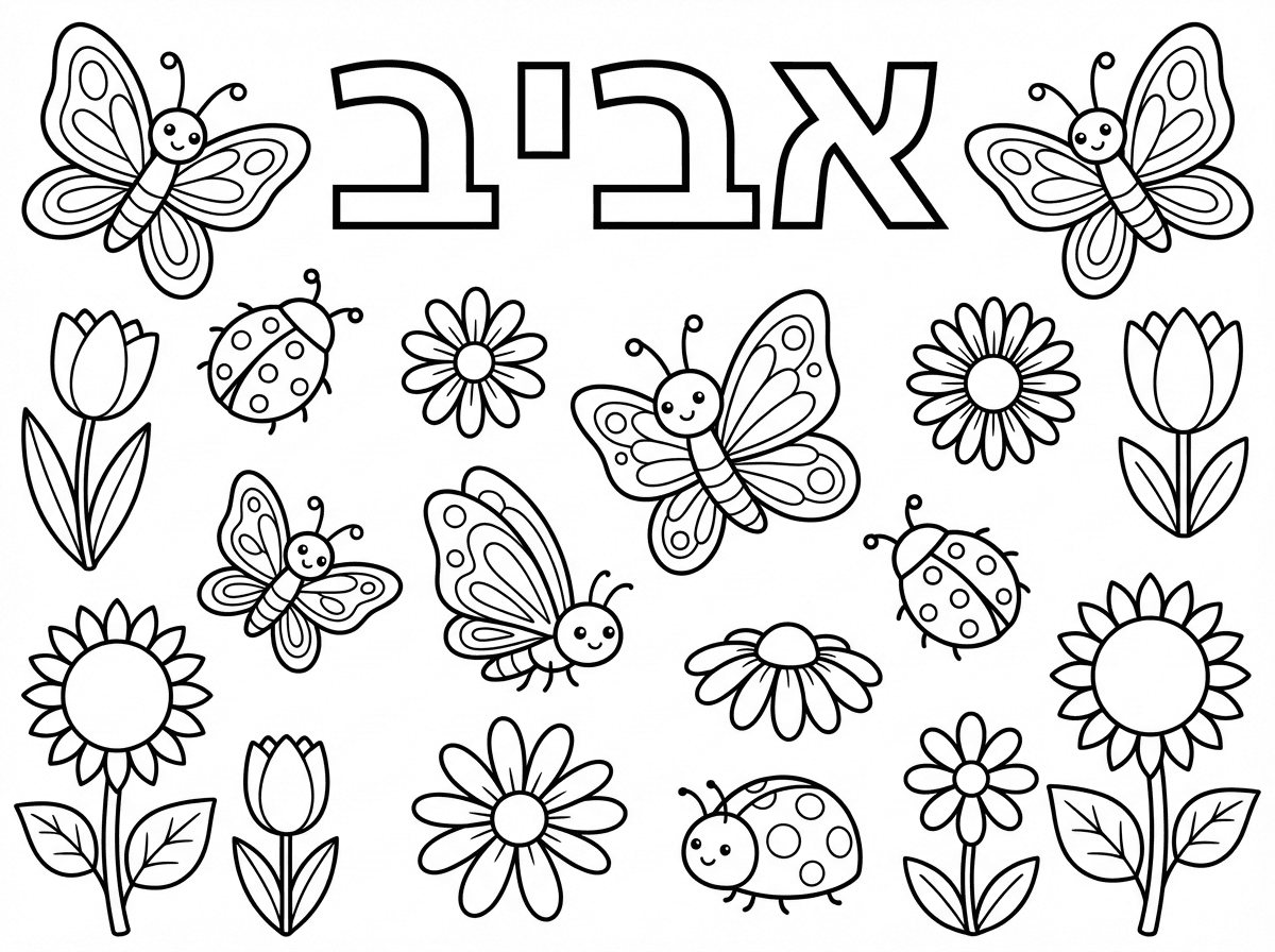 צוק דף צביעה שלמעלה כתוב " אביב" באותיות חלולות.וגם פרפרים,חיפשיות ופרחים בקוים נקיים לצביעה לילדי גן גילאי 4