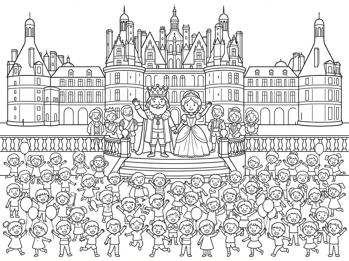 אתה יכול לצייר לי אה, ארמון עם המון המון המון ילדים קטנים בערך 100 ילדים קטנים, ומלכה ומלך וחצר מלכות מחוץ לארמון וששהכל יהיה מפואר.