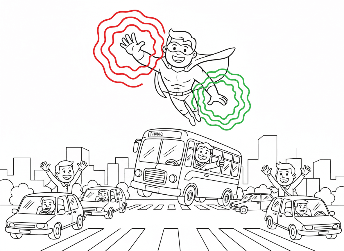 גיבור על מסדר תנועה - גיבור על מכוון תנועה בצומת עמוס עם כוחות על, עוצר מכוניות עם יד שדה כוח, מרים אוטובוס תקוע ביד השנייה, זוהר ירוק לנסיעה, זוהר אדום לעצירה, נהגים אסירי תודה, תנועה חלקה