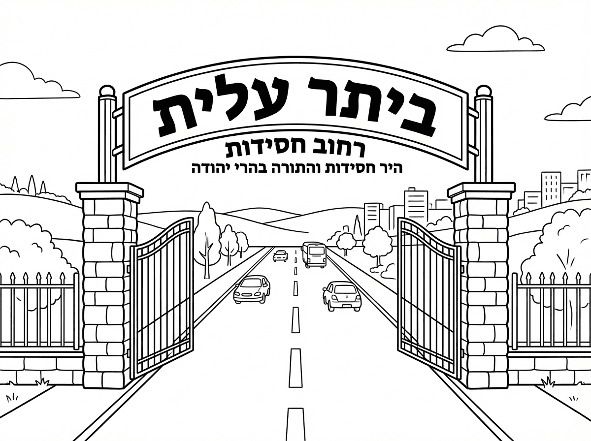 ומה שאני רוצה שתצייר לי את הכניסה לעיר, שכתוב ביתר עלית, רחוב חסידות והיר חסידות והתורה בהרי יהודה.