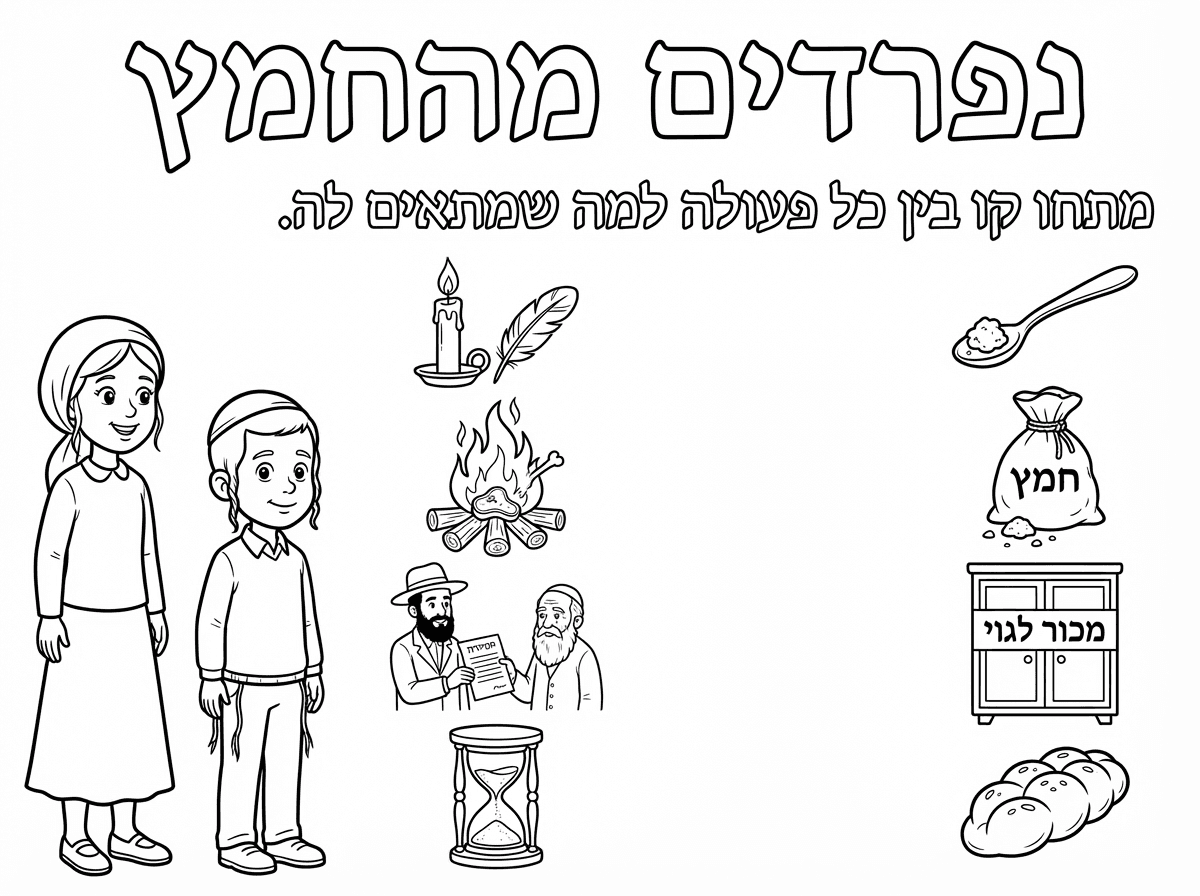 צריכה את עזרתך בבקשה בהכנת דף עבודה .
הדף כולו בסגנון חרדי (ילדה צנועה, ילד עם כיפה וציצית וללא פאות ארוכות). 

הכותרת: נפרדים מהחמץ 

הוראה מתחת: 
מתחו קו בין כל פעולה למה שמתאים לה.

מתיחת קווים:
בטור אחד איורים של (אחד מתחת לשני) 

נר ונוצה 
מדורה 
איור של אבא נותן דף לרב 
שעון חול 

בטור השני ממול איורים מתחת לשני של: 

לחם 
כף עם פירור חמץ עליו 
שקית עם פירורי חמץ 
ארון שכתוב עליו מכור לגוי 


תודה רבה !