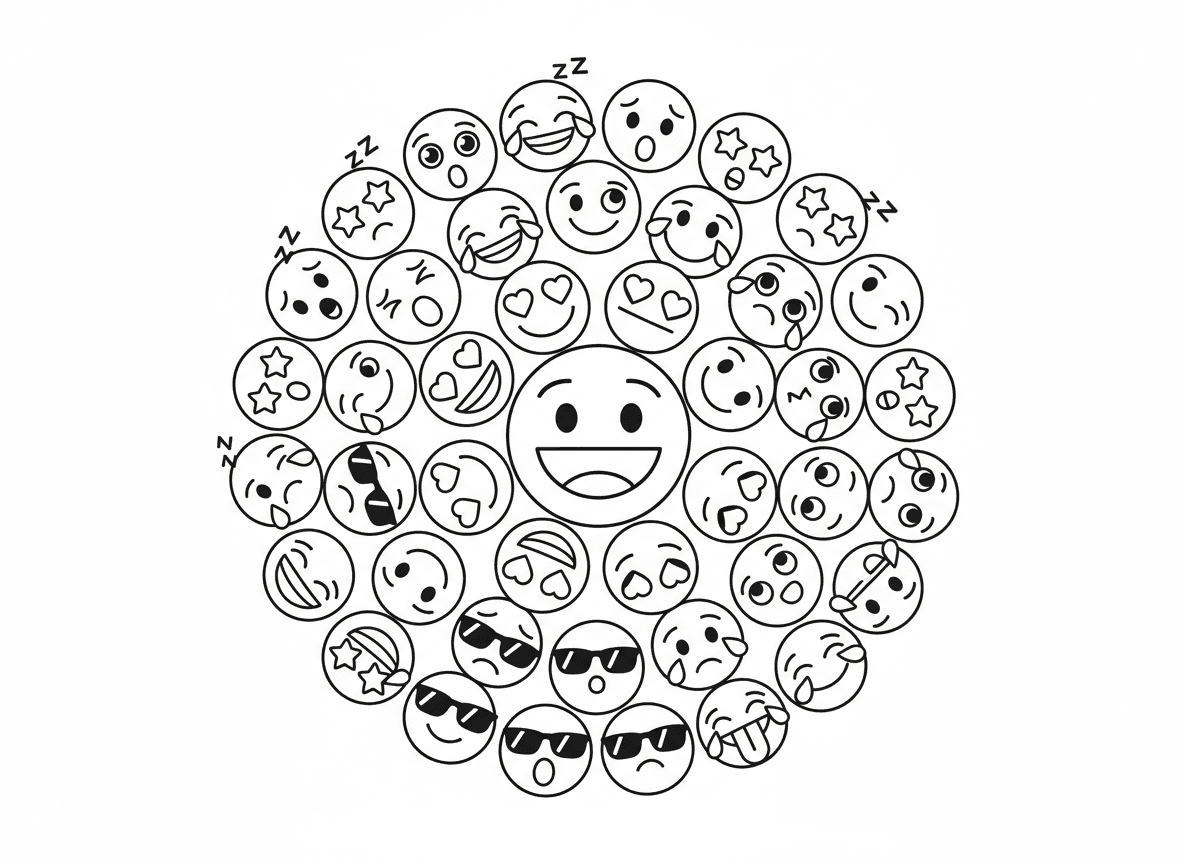 מנדלת אמוג׳י - מנדלה כיפית עשויה מפרצופי אמוג׳י, סמיילי במרכז, טבעות הבעות שונות - צוחק, קורץ, עיני לב, מופתע, משקפי שמש מגניבים, ישן, לשון בחוצפה, מוכה כוכבים בטבעת חיצונית