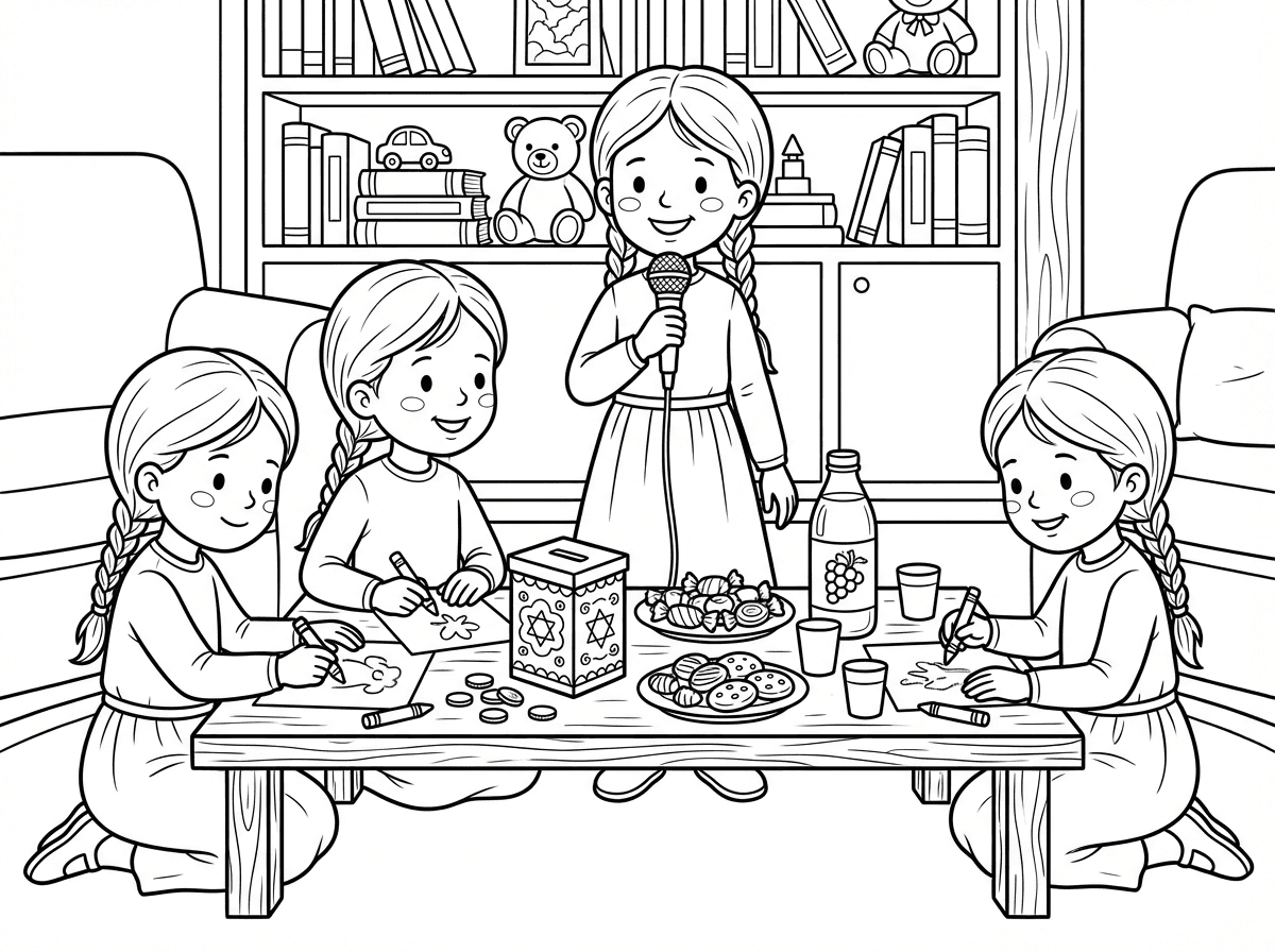 ילדות קטנות עם שיער אסוף עם צמה ושמלות שמכסות את הברך ואת המרפק
יושבות סביב שולחן בסלון

על השולחן קופת צדקה ומטבעות
וממתקים בצלחות 
מיץ ענבים וכוסיות לחיים

ילדה אחת עומדת עם רמקול ביד

בסלון יש ספריה