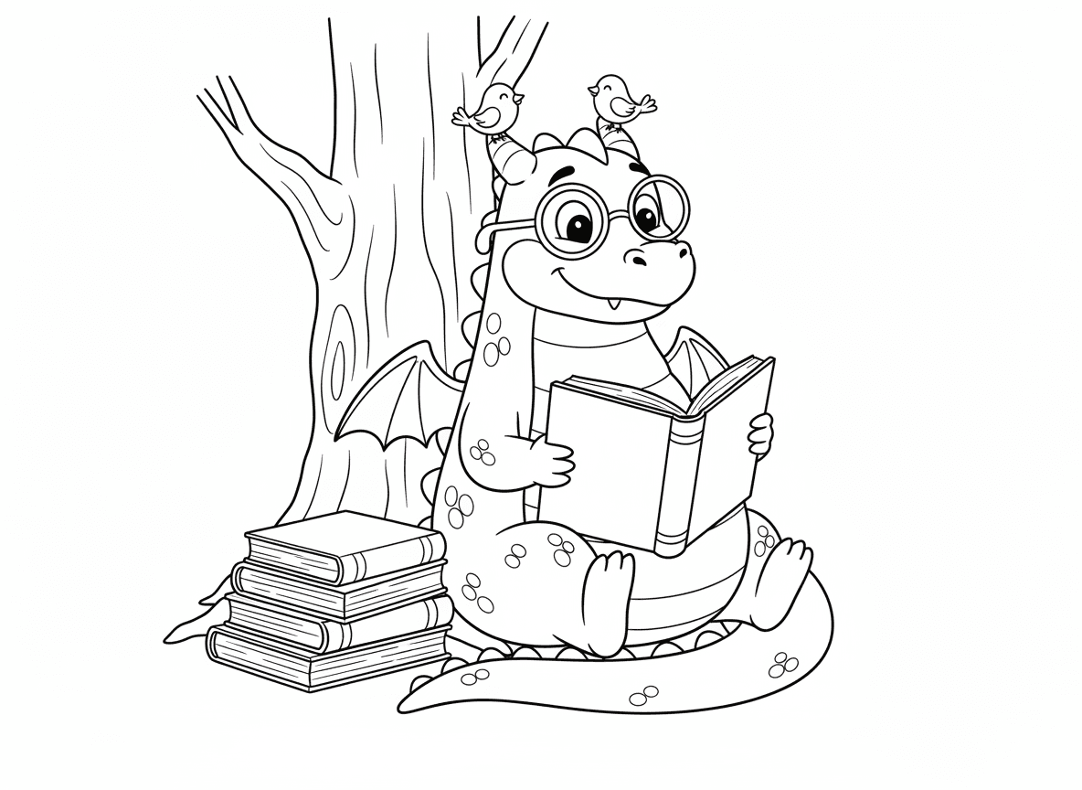 דרקון ידידותי קורא ספר - דרקון שמנמן וידידותי יושב נשען על גזע עץ וקורא ספר סיפורים גדול, משקפיים על האף, זנב מסולסל סביבו, ציפורים קטנות על הקרניים, ערימת ספרים בקרבת מקום