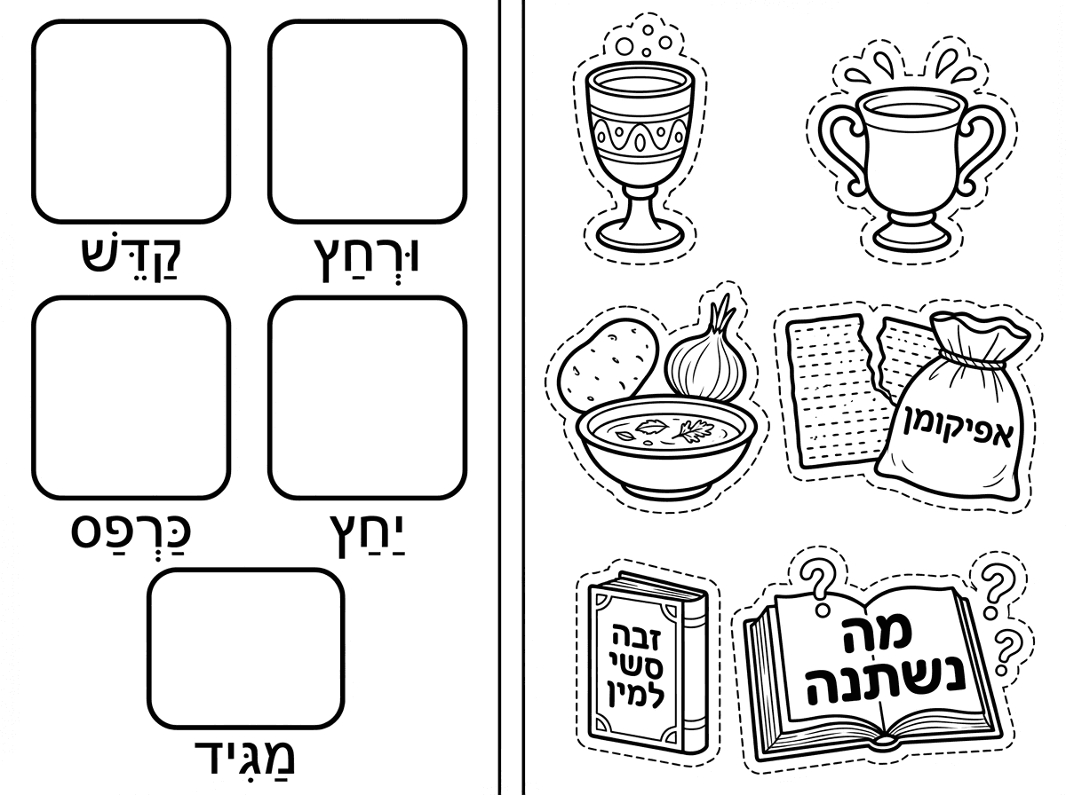 שלום. 
אני רוצה שתכין דף משימה על ליל הסדר.
יהיו 5 ריבועים.
1. קדש
2. ורחץ
3. כרפס
4. יחץ
5. מגיד
מתחת לכל ריבוע תכתוב את אחד מהכיתובים לפי הסדר. ותנקד את המילים.
בצד הדף יהיו 5 פריטים לגזירה
1. גביע קידוש ללא רגל
2. ספל לנטילת ידיים
3. תפוח אדמה ובצל ולידם קערה עם מים
4. מצה נשברת ל2 חלקים אחד גדול יותר מהשני ולידו שקית מבד שעליה כתוב אפיקומן.
5. הגדה של פסח פתוחה במילים מה נשתנה