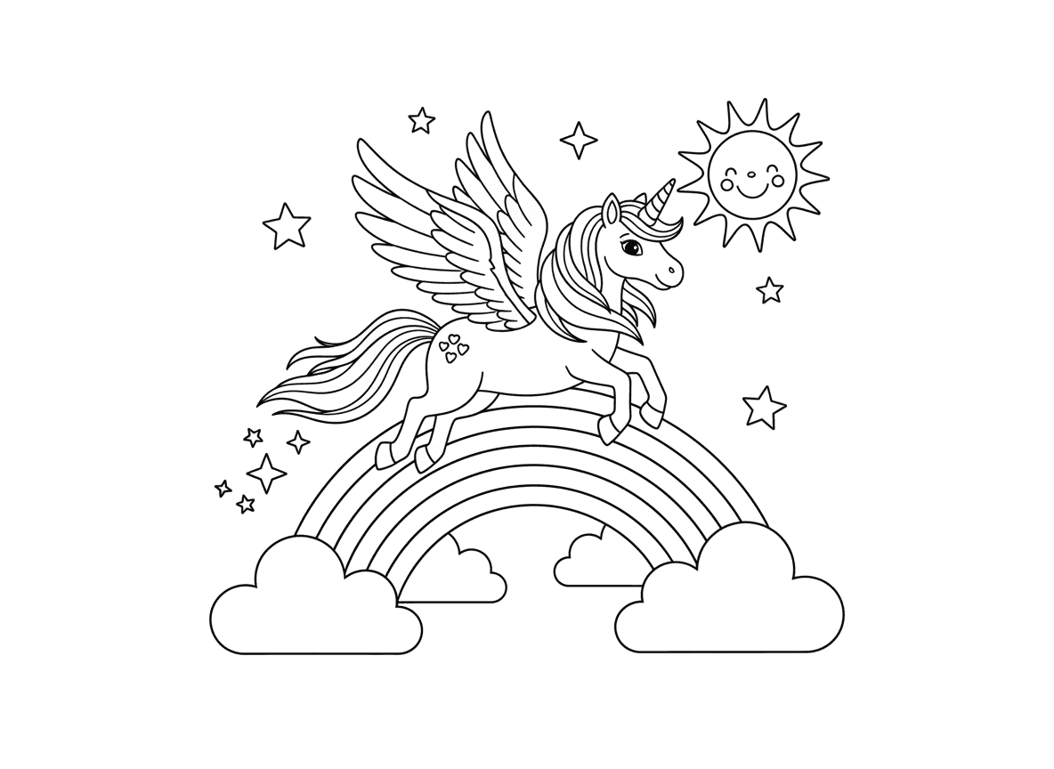 חד קרן עף מעל קשת בענן - חד קרן מלכותי עם כנפיים גדולות עף מעל קשת בענן צבעונית, שובל נוצץ מאחוריו, עננים למטה, כוכבים מנצנצים, שמש זורחת, רעמה וזנב מתנופפים