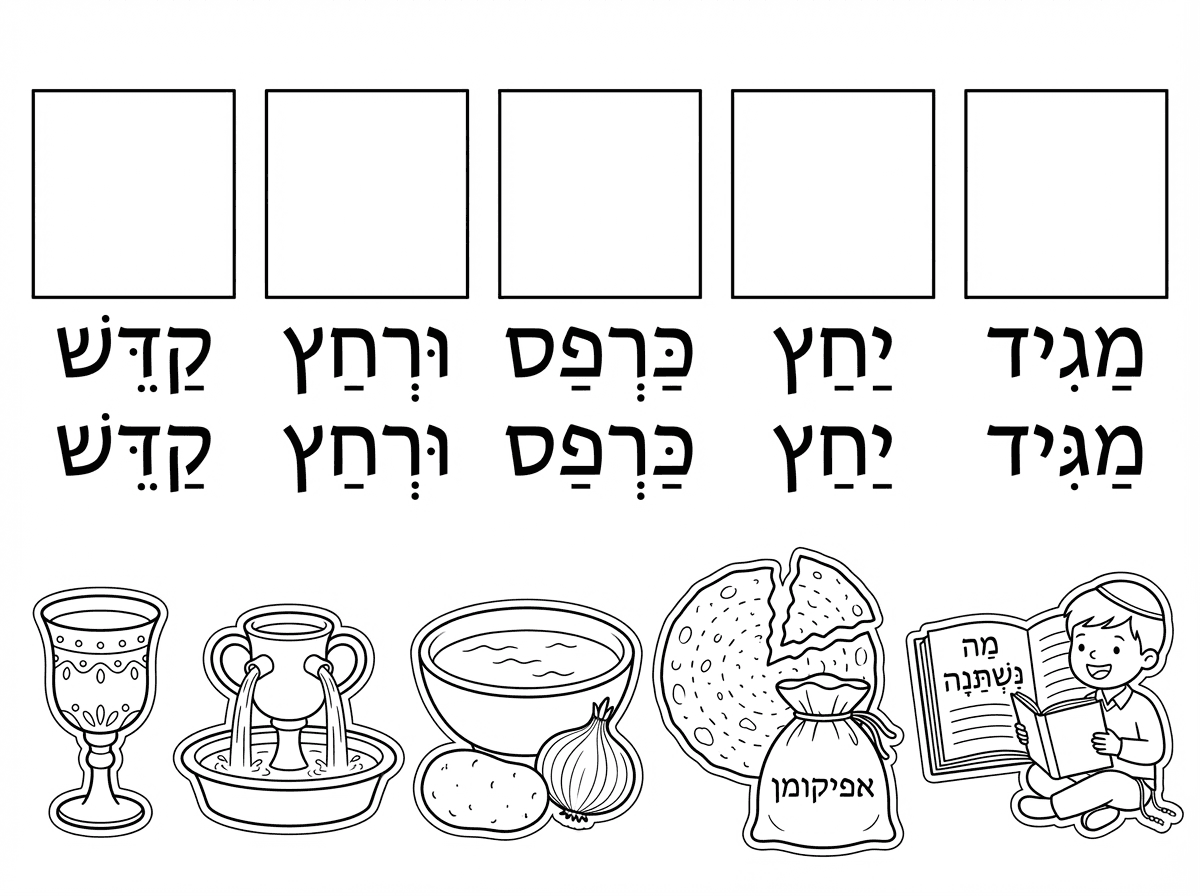 שלום. 
אני רוצה שתכין דף משימה על ליל הסדר.
יהיו 5 ריבועים.
1. קדש
2. ורחץ
3. כרפס
4. יחץ
5. מגיד
מתחת לכל ריבוע תכתוב את אחד מהכיתובים לפי הסדר. ותנקד את המילים.
בצד הדף יהיו 5 פריטים לגזירה
1. כוס קידוש בלי רגל
2. ספל לנטילת ידיים
3. תפוח אדמה ובצל ולידם קערה עם מים
4. מצה עגולה נשברת ל2 חלקים אחד גדול יותר מהשני ולידו שקית מבד שעליה כתוב אפיקומן.
5. הגדה של פסח פתוחה במילים מה נשתנה ולידו ציור של ילד עם כיפה וציצית קורא את ההגדה