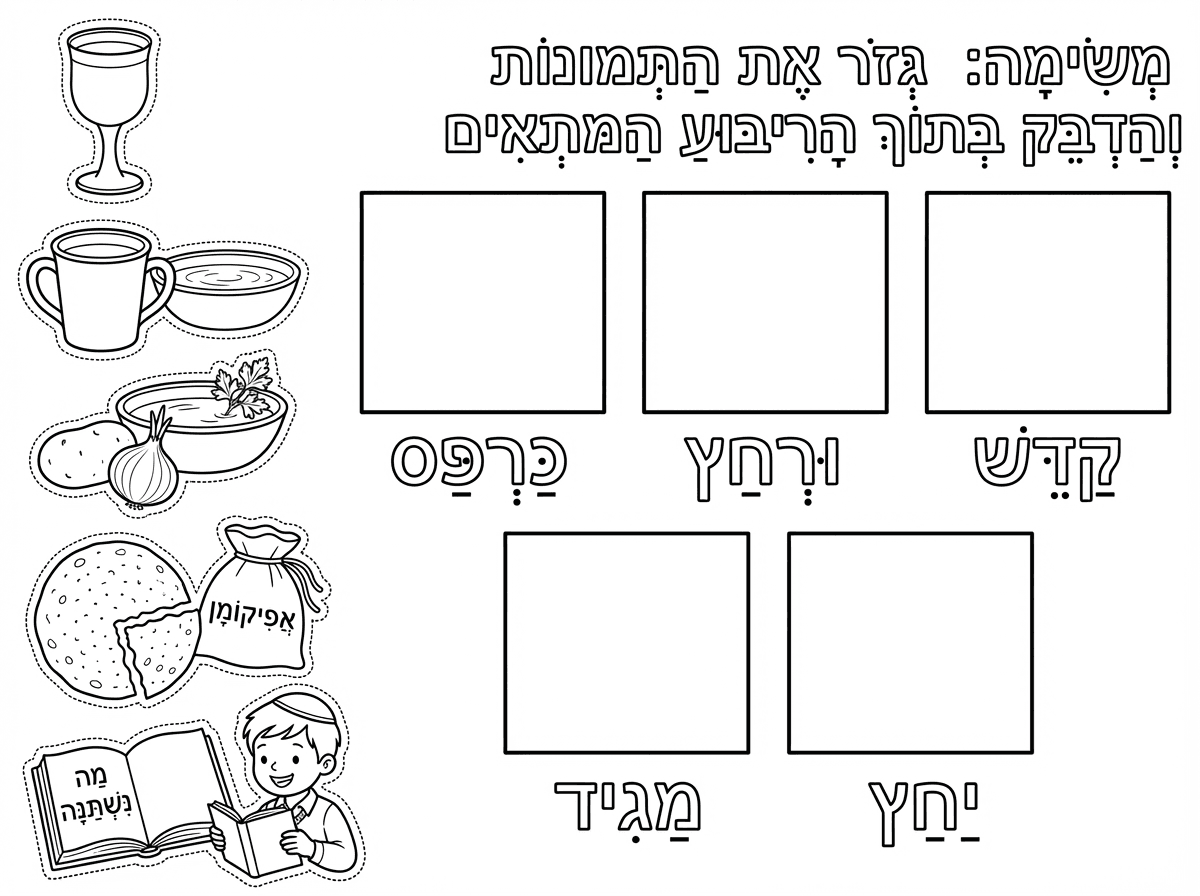 זה טוב.תריך כמה שינויים.
1. שהמילים המנוקדטת יוםיעו פעם אחת ולא פעמיים
2. מתחילים את הסדר של הכיתוב מצד ימין 
 קדש
 ורחץ
 כרפס
יחץ
מגיד
3. תחפש תמונה אחרת לספל לנטילת ידיים
4. מעל התמונות תופיע. משימה:
גזור את התמונות והדבק בתוך הריבוע המתאין