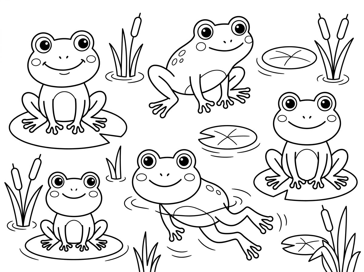 אני רוצה דף עם תמונות של צפרדעים אבל עם רווח בין צפרדע לצפרדע.