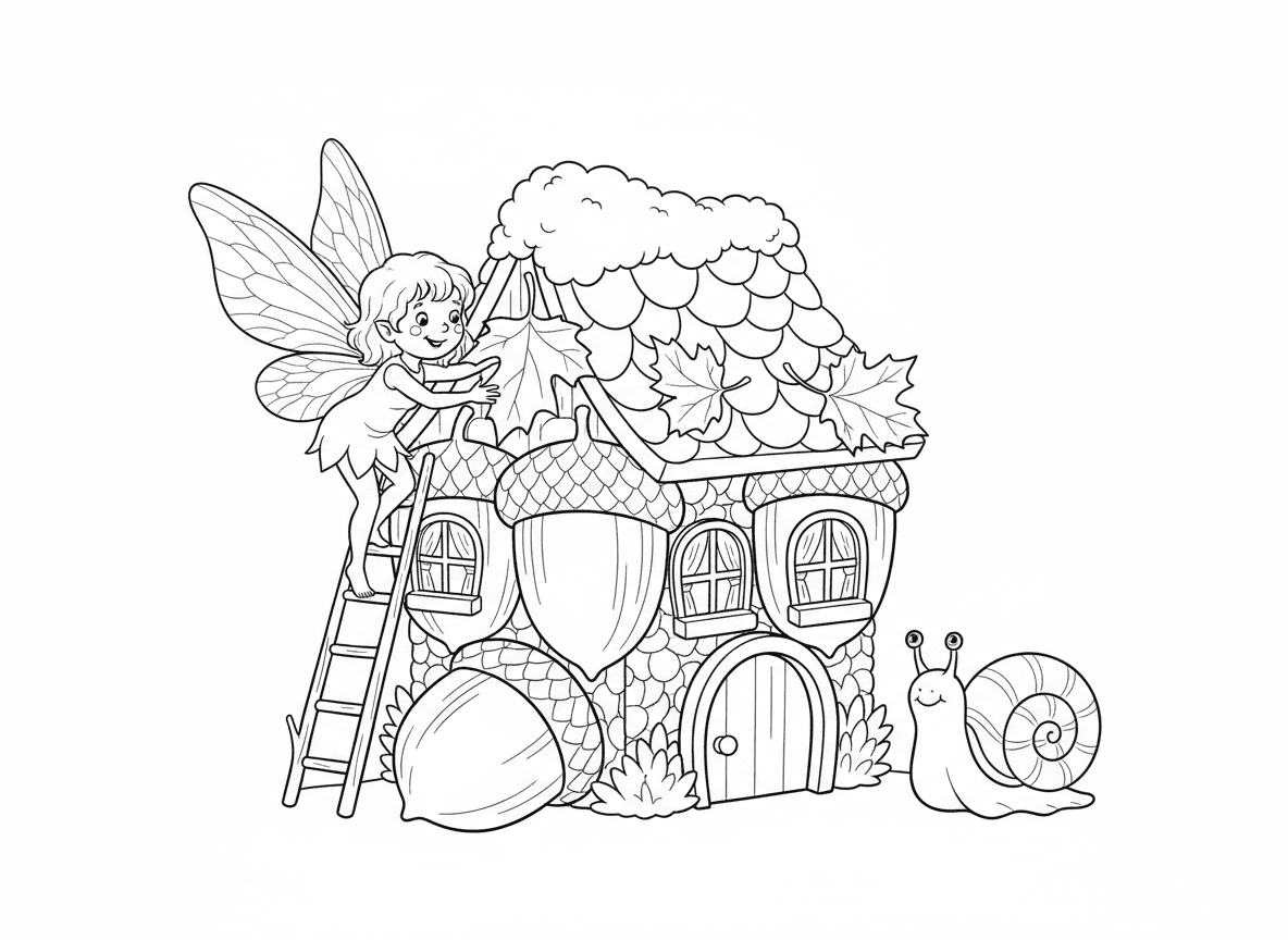 פייה בונה בית זעיר - פייה בונה בית מיניאטורי מבלוטים ועלים, משתמשת בענף כסולם, חלונות זעירים עם וילונות, דלת עציץ פרחים, חילזון שכן צופה, גג מכוסה טחב