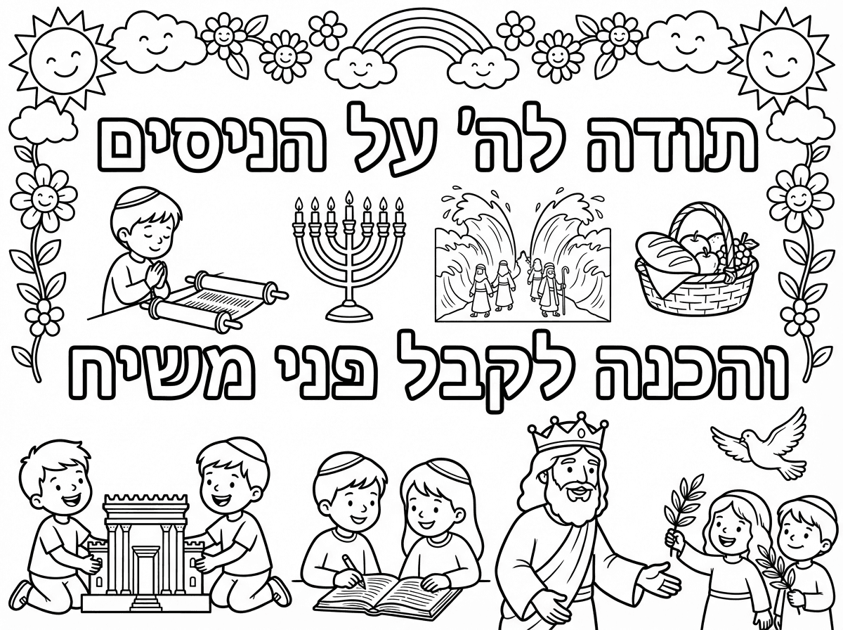 תכין לי דף צביעה לילדים דתיים  גודל אי חמש 
ובו יש תודה לה' על הניסים
והכנה לקבל פני משיח