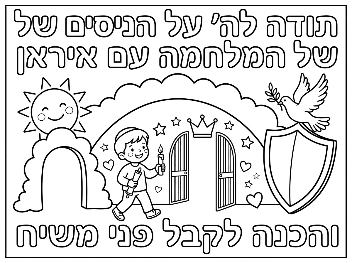 תכין לי דף צביעה לילדים דתיים  גודל אי חמש 
ובו יש תודה לה' על הניסים של המלחמה עם איראן
והכנה לקבל פני משיח