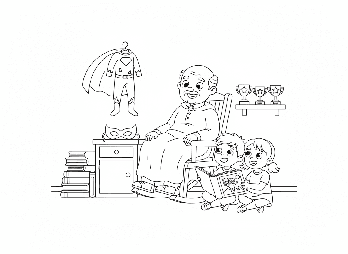 סבא גיבור על בפנסיה מספר סיפורים - סבא גיבור על בפנסיה יושב בכיסא נדנדה מספר סיפורים לנכדים, תחפושת ישנה תלויה על הקיר, מדף גביעים, אלבום תמונות הרפתקאות, גלימה כשמיכה, מסכה על שידה, ילדים נדהמים