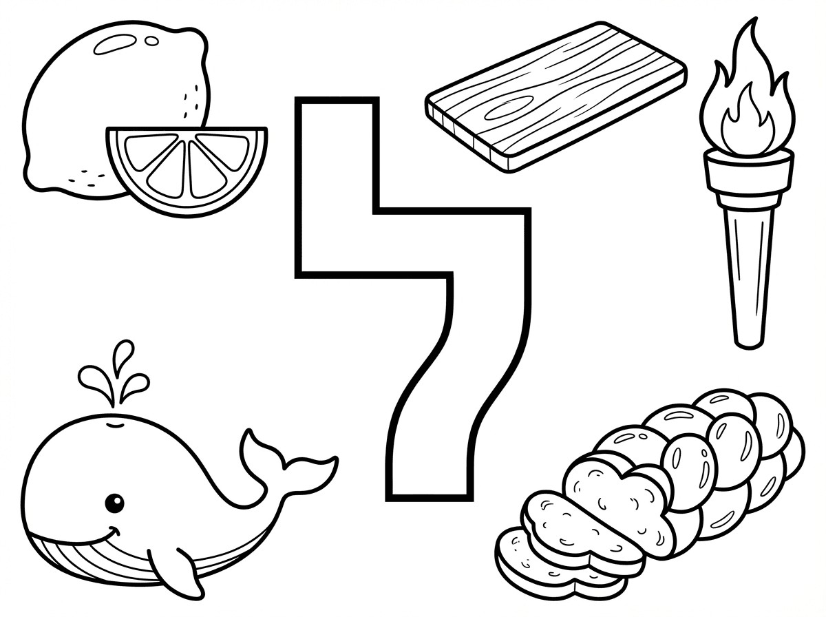 שלום,
צור בבקשה דף ציור;
במרכז תהיה האות ל חלולה, מסביב הציורים הבאים - לימון, לוח, לפיד, לווייתן, לחם,