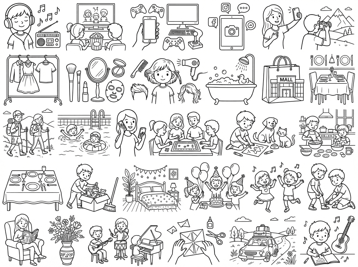 הי תוכל ליצור לי דף שמצויירים בו כל תחומי העניין האלה: התחום המותאם (למשחק),המקור מהדף שלך
1. האזנה למוזיקה,האזנה לרדיו (#11)
2. צפייה בסרטים וסדרות,סרטים (#58)
3. משחקי מחשב / טלפון,מחשב (#44)
4. גלישה ברשתות חברתיות,מחשב (#44) / טלפון (#32)
5. צילום (סלפי/נוף),צילום (#70)
6. לבוש ואופנה,לבוש (#41)
7. איפור וטיפוח הפנים,טיפול בעור (#30)
8. סידור השיער / תסרוקות,טיפוח חן (#31)
9. מקלחת ורחצה (פינוק),רחצה/מקלחת (#74)
10. יציאה לקניות (קניון),יציאה לקניות (#33)
11. אכילה בחוץ (מסעדות),מסעדנות (#47)
12. טיול בחוץ / הליכה,הליכה/טיולים (#15)
13. שחייה,שחייה (#75)
14. לדבר בטלפון / הודעות,טלפון (#32)
15. בילוי עם חברות,משחקי חברה (#49)
16. ציור וצביעה,ציור (#71)
17. טיפול בבעלי חיים,טיפול בבעלי חיים (#29)
18. בישול ואפייה,בישול (#4)
19. עריכת שולחן,עריכת שולחן (#66)
20. סדר וניקיון בחדר,ניקוי/סדר בבית (#54)
21. עיצוב החדר,עיצוב פנים (#63)
22. בילוי בחגים,חגים (#22)
23. ריקוד,מחול (#43)
24. עזרה לאחרים,עזרה לאחרים (#62)
25. קריאת מגזינים/כתבות,עיתונים (#65)
26. סידור פרחים,סידור פרחים (#56)
27. נגינה,נגינה (#52)
28. הכנת מתנות/יצירה,מלאכת יד 
29. טיולים בארץ ,הליכה/טיולים 
30. כתיבת שירים,כתיבה / מכתבים