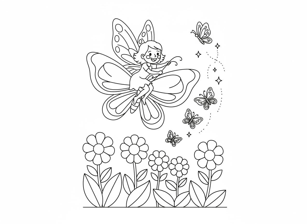 פייה רוכבת על פרפר - פייה זעירה רוכבת על גב פרפר גדול וצבעוני, מחזיקה במחושים כמו מושכות, עפה מעל גינה, פרחים למטה, פרפרים אחרים עוקבים, שובל ניצוצות