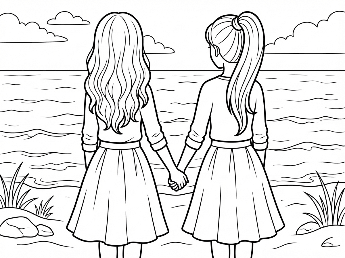 תעשה לי דף צביעה של שתי ילדות שרואים אותן מאחורה והן שמות יד אחת על השניה על רקע הים, תיאור הילדות: ילדה אחת עם שיער ארוך פזור מתנופף ברוח, ילדה שניה עם קוקו גבוה ארוך ושתהים עם חולצות עם שרוולים טרוכים וחצאיות