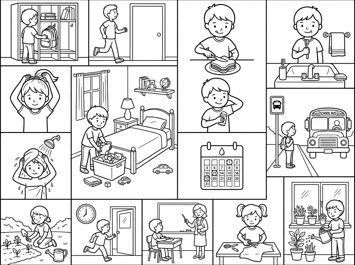 אני רוצה שתעשה לי דף עם תחומים כדי למפות קושי,
התחומים: 
התארגנות בכיתה
לעשות קוקו
לסדר את החדר
להתקלח לבד
להכין כריך
לשים דאודורנט
יומן לחישוב ימי המחזור
לצחצח שיניים ולשטוף פנים
נסיעה באוטובוס
עבודה בגן
הגעה בזמן לכיתה
הקשבה למורה
גזירת בד במתפרה
להשקות עציצים