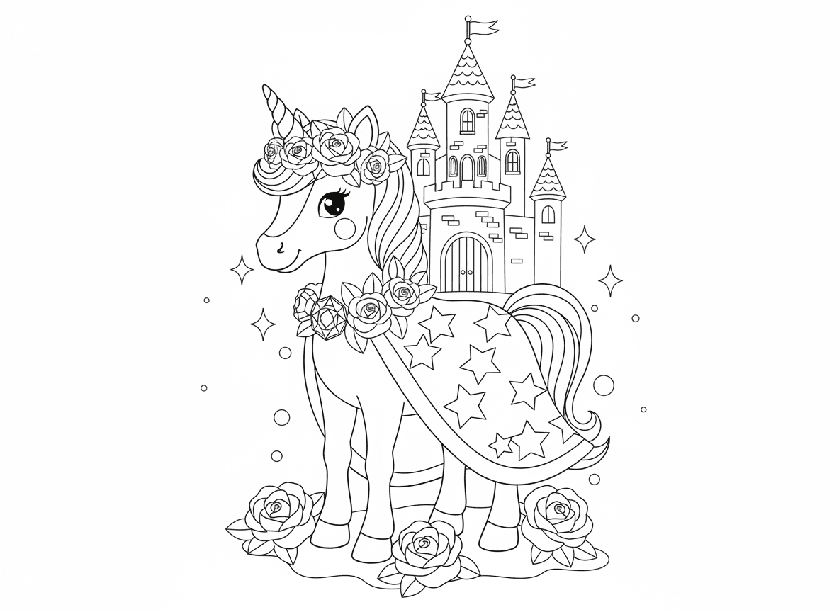 חד קרן נסיכה עם כתר - חד קרן עם כתר פרחים יפהפה וגלימה מלכותית, עומד מול טירה קסומה, קרן משובצת אבני חן, ורדים לרגליה, אבקת פיות נוצצת סביב