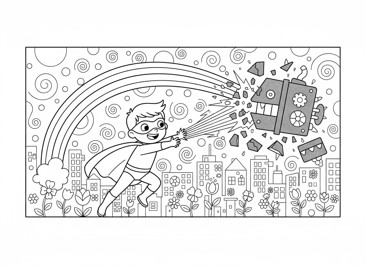 גיבור על עם קרן כוח קשת - ילד גיבור על יורה קרן קשת מאסיבית משתי הידיים, קשת הורסת מכונה חשוכה של הרשע, צבעים מתפשטים בכל מקום, עיר אפורה הופכת צבעונית, פרחים גדלים איפה שהקשת נוגעת באדמה