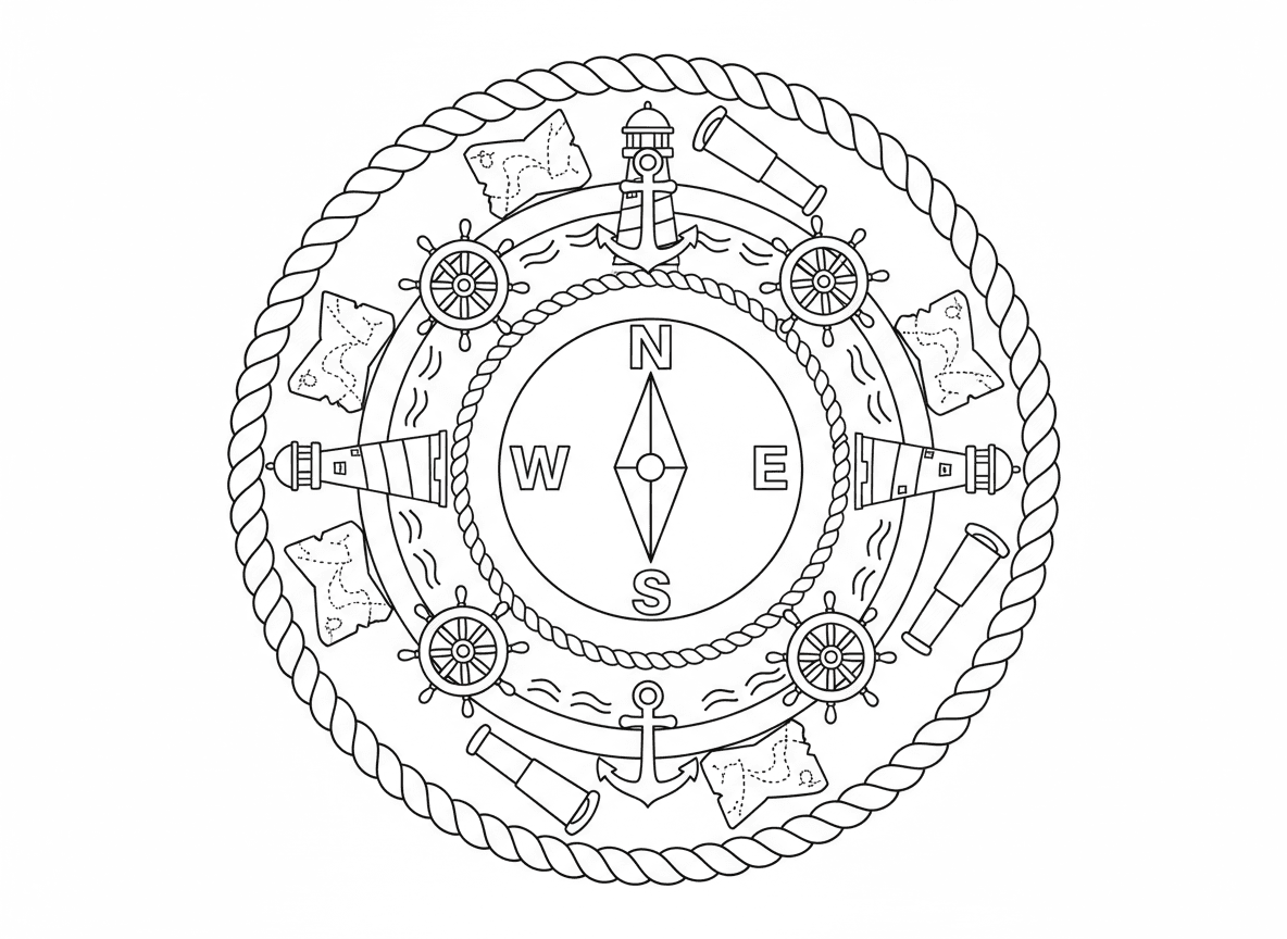 מנדלת שושנת רוחות - מנדלה ניווטית עם שושנת רוחות במרכז, סמני צפון-דרום-מזרח-מערב, מוקפת בטבעות עוגנים, הגאי ספינה, מגדלורים, גלים, מפות, טלסקופים, גבול חבל ימי