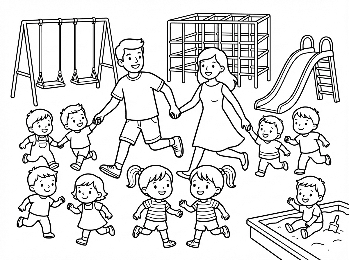 אבא ואמא עם עשרה תינוקות וזוג תאומים מתרוצצים בגן שעשועים